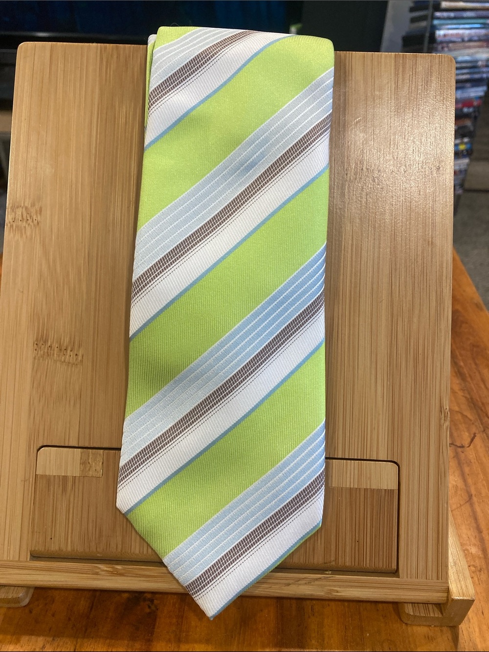 Geoffrey Beene Lime Green Striped Tie with Blue White and Brown Accents